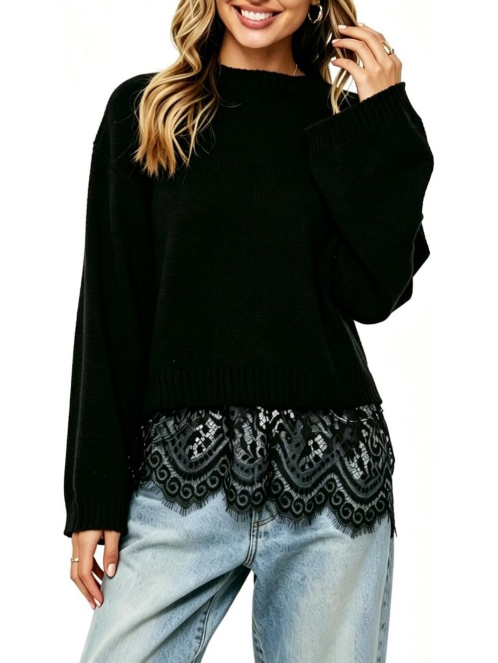 Lace Trim Pullover Sweater for Women | Cozy Knit Top | Stylish Fall Fashion
